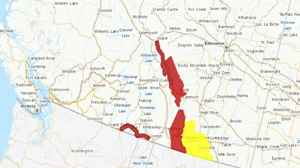 A map showing weather warnings in southeast B.C. and parts of Alberta.
