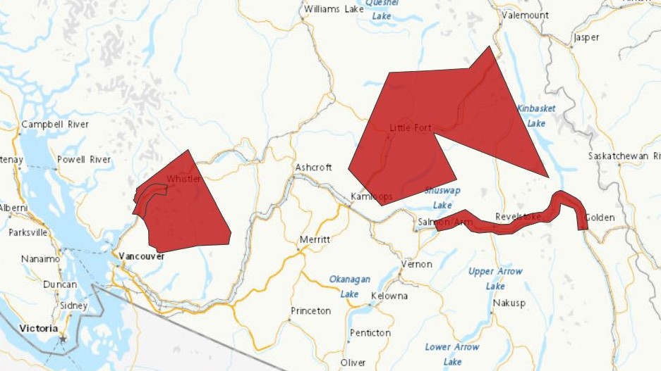 A map showing weather alerts for sections of B.C. on Wednesday, Dec. 13, 2023.