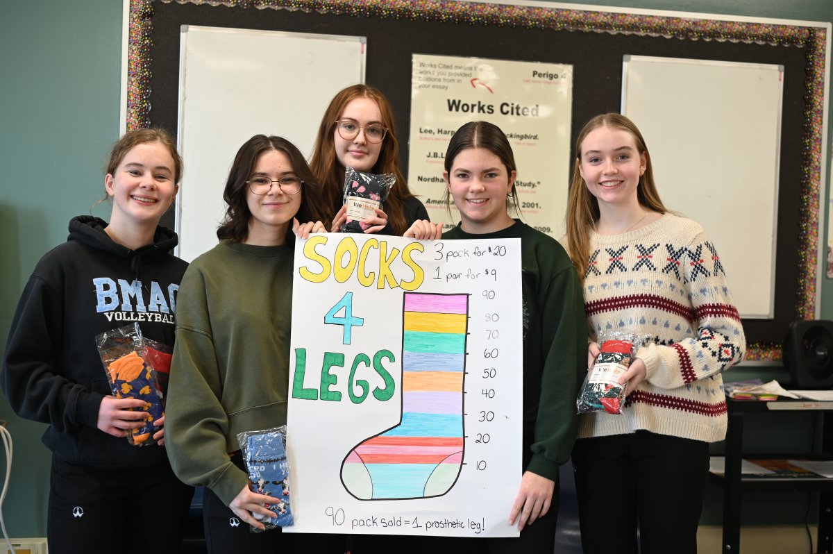 Students at Bishop Macdonell sold socks to raise money for a prosthetic leg. 