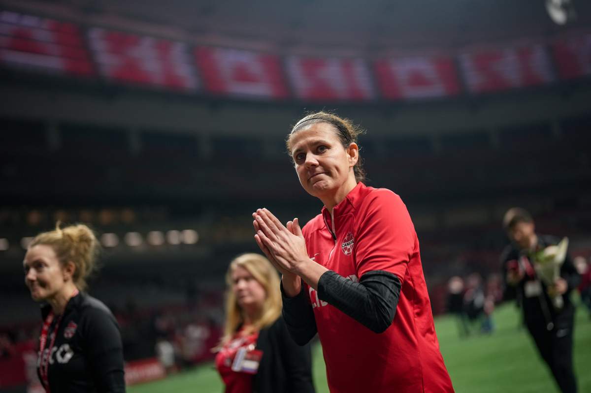 Canada’s Christine Sinclair leaves the field after Canada defeated Australia 1-0 in her final international soccer match, in Vancouver, on Tuesday, December 5, 2023. Sinclair, 40, made her 331st and final appearance for Canada. THE CANADIAN PRESS/Darryl Dyck