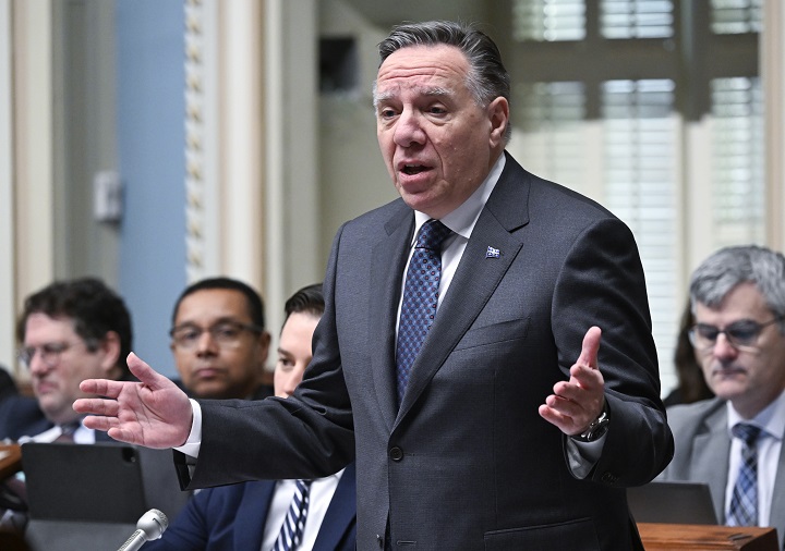 Quebec Premier François Legault responds to the Opposition during question period, Friday, December 8, 2023 at the legislature in Quebec City. 