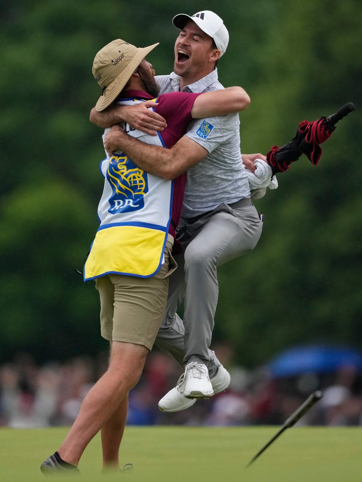 Nick Taylor, of Canada, reacts after winning the Canadian Open championship on the fourth playoff hole against Tommy Fleetwood, of Southport, U.K., in Toronto on Sunday, June 11, 2023. THE CANADIAN PRESS/Andrew Lahodynskyj