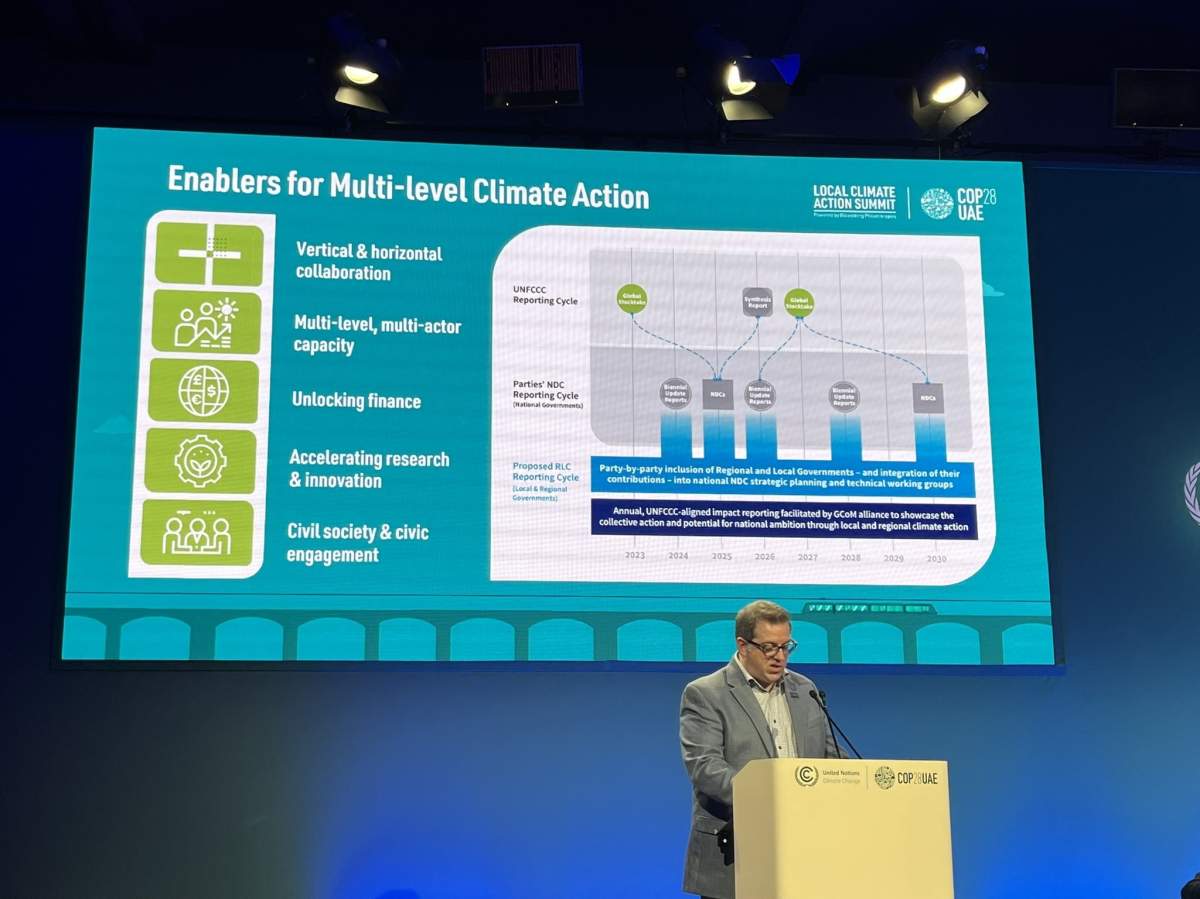 Guelph mayor Cam Guthrie speaking at COP28 in Dubai.