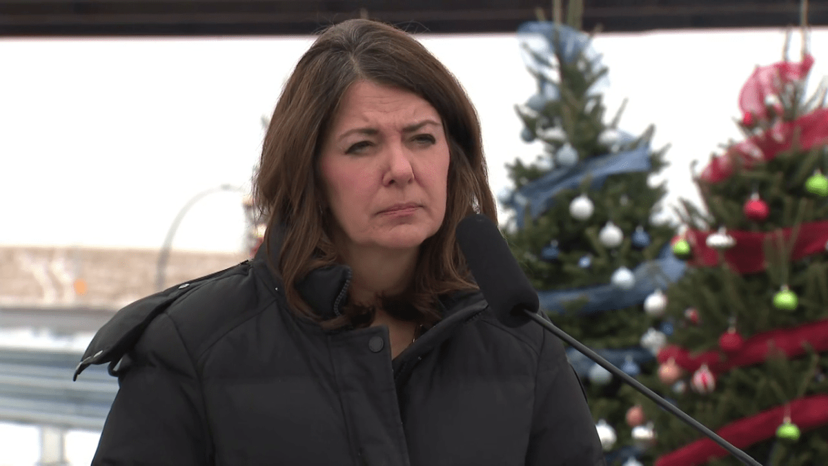 Alberta Premier Danielle Smith answers a question on Dec. 18, 2023 about her role in the rescinding of Dr. Deena Hinshaw's contract in June.