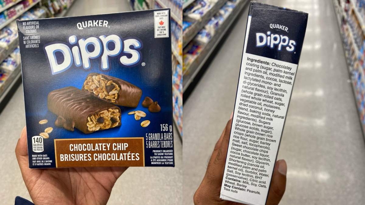 Quaker's Dipps granola bar brand had swapped milk chocolate to 'chocolatey coating' using palm oil and modified milk ingredients.