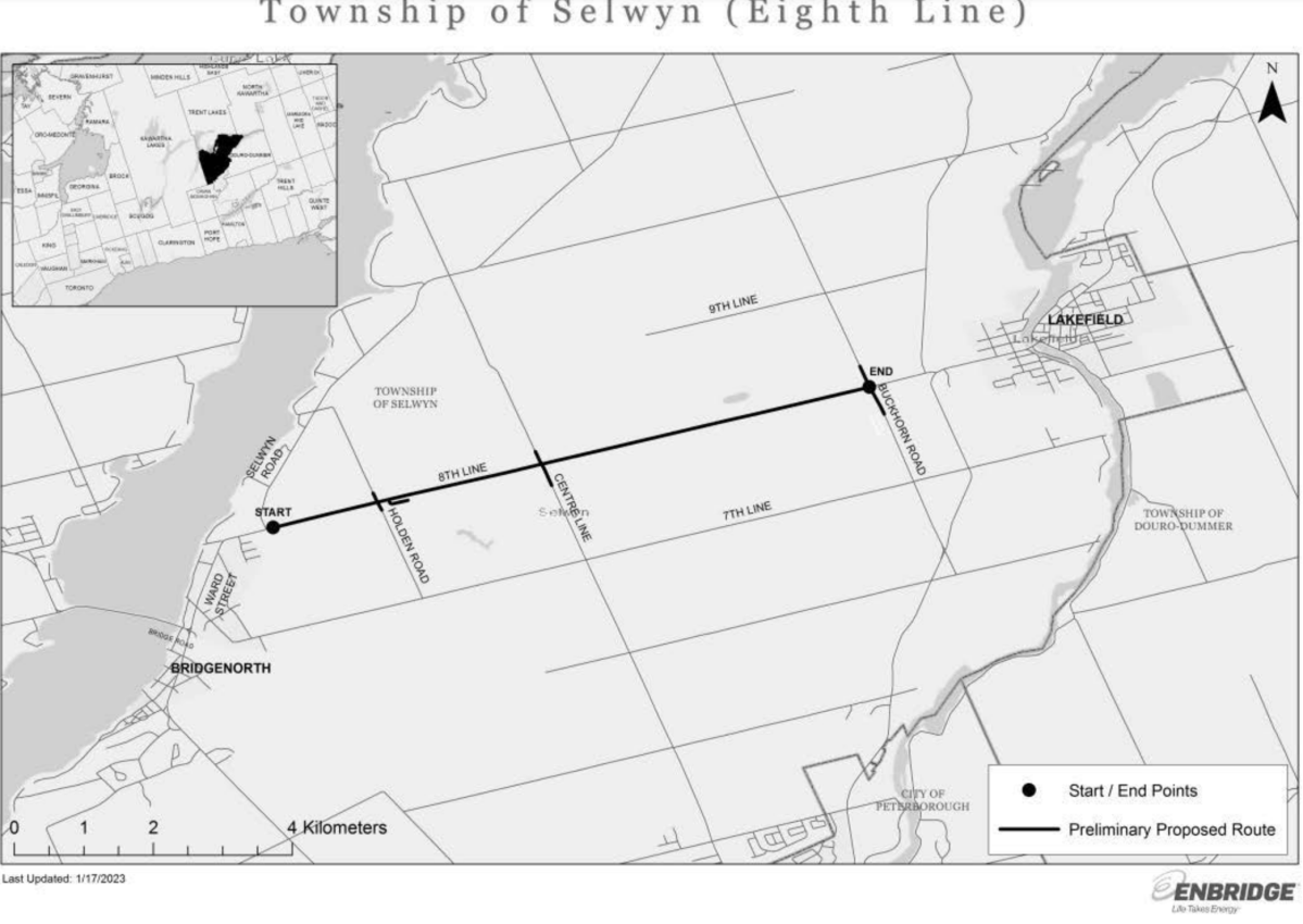 A map of the Enbridge Gas natural gas pipeline expansion project on the 8th Line in Selwyn Township.
