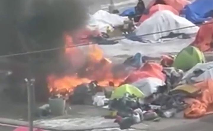 EFRS extinguish a blaze at an encampment fire in downtown Edmonton.