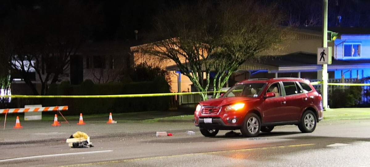The scene of a collision between a vehicle and a pedestrian in Abbotsford on Thursday, Dec. 7, 2023.