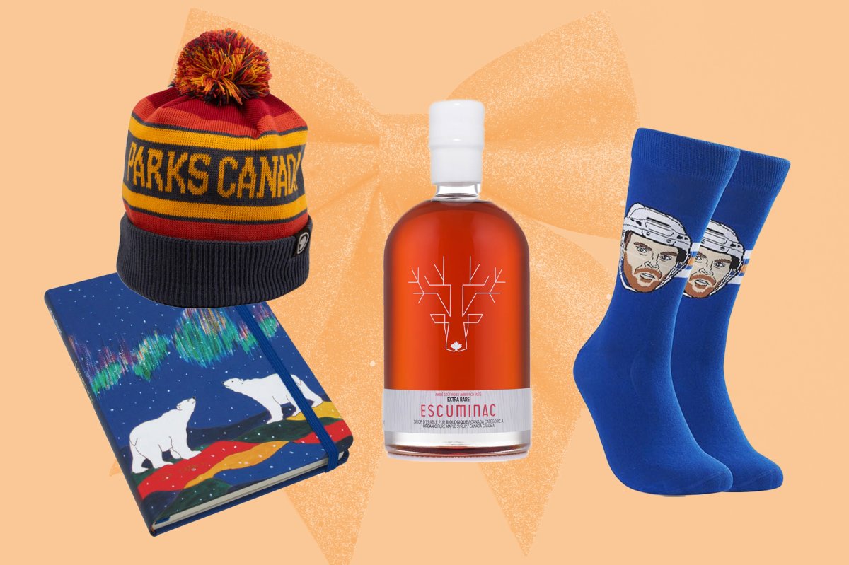 gifts featuring a tuque, planner, maple syrup and connor mcdavid socks