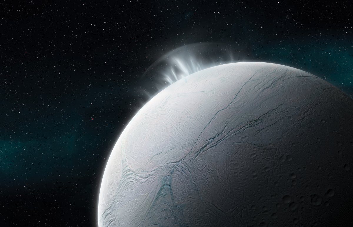 Illustration of vapour plumes erupting from the surface of Enceladus, Saturns sixth largest moon.