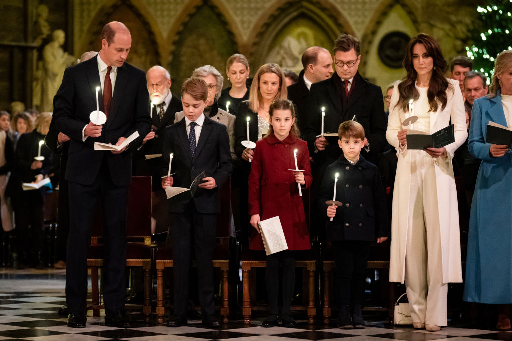 Prince William, Prince of Wales, Prince George, Princess Charlotte, Prince Louis and Catherine, Princess of Wales during the Royal Carols - Together At Christmas service at Westminster Abbey on December 8, 2023 in London, England.