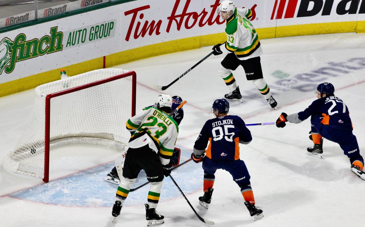 Jacob Julien scores his 15th goal of the season in a London victory over the Flint Firebirds on Dec. 31, 2023 at Budweiser Gardens.