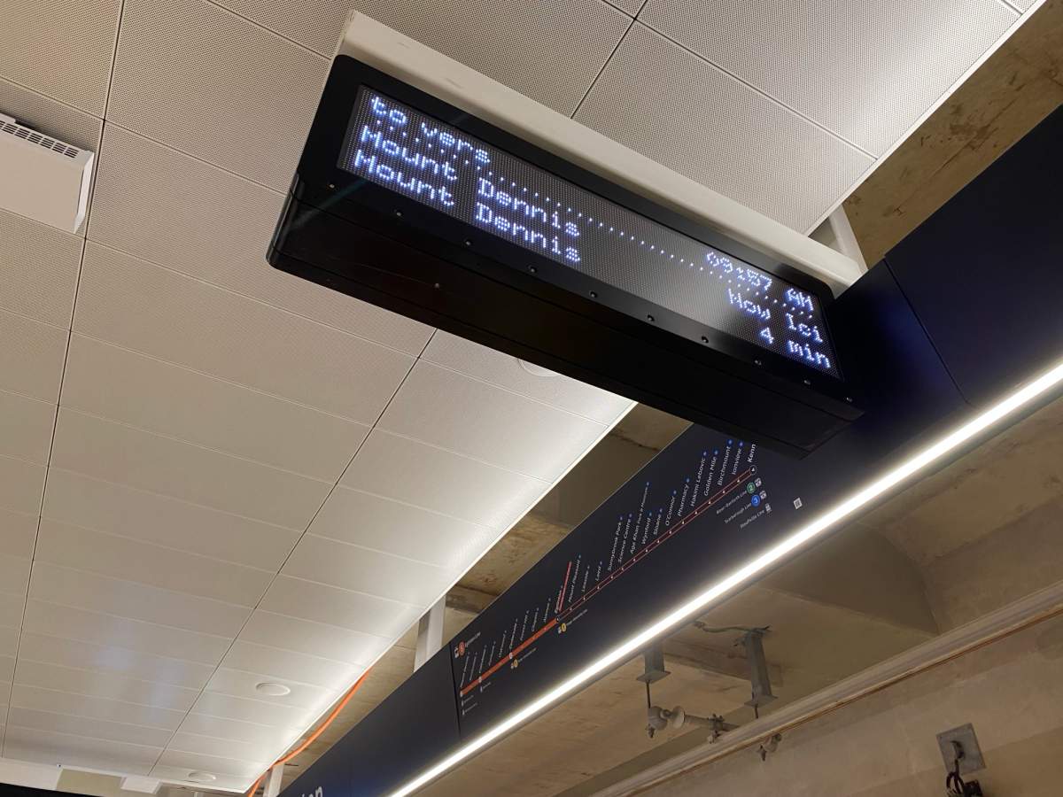 An arrivals screen at an Eglinton Crosstown LRT station.