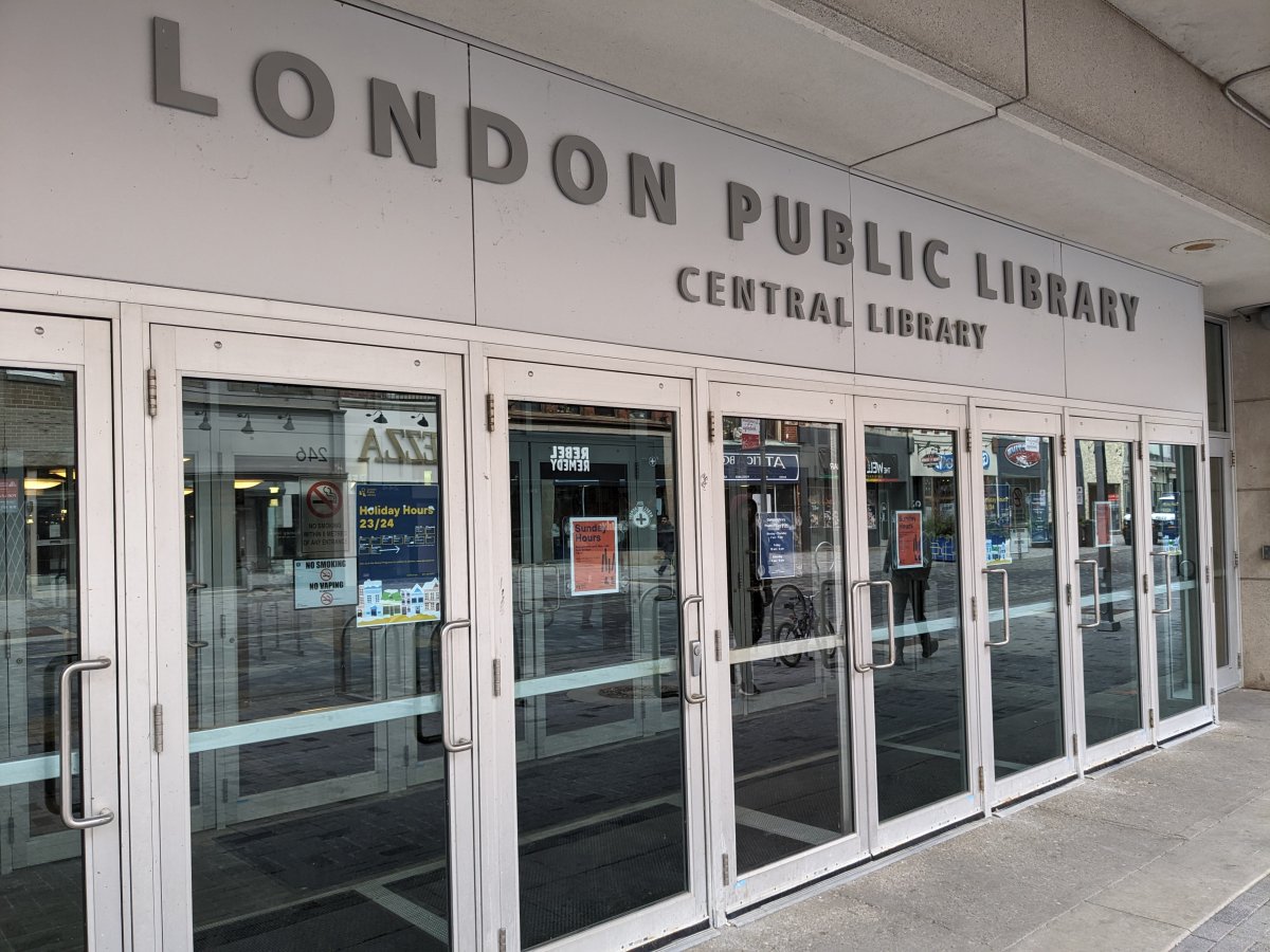 The doors to the London Public Library's Central Branch off of Dundas Street.