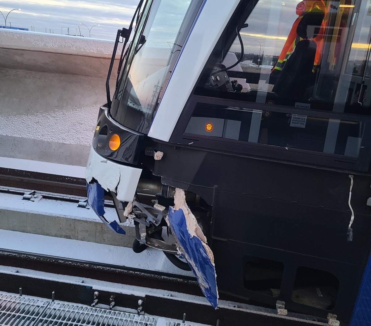 A Valley Line LRT train was damaged after a stolen car crashed into in on 66 Street near the Whitemud Drive overpass on Monday, Dec. 4, 2023.