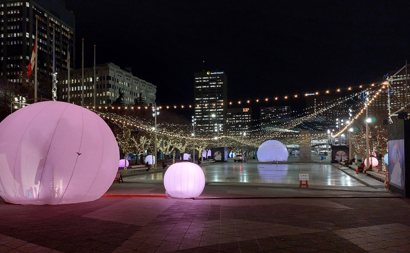 An art installation called Lucion Spheres moonGarden at Churchill Square in downtown Edmonton.
