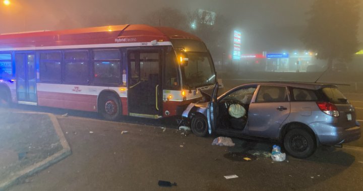 Car involved in head-on collision with TTC bus also crashed into 3 other vehicles