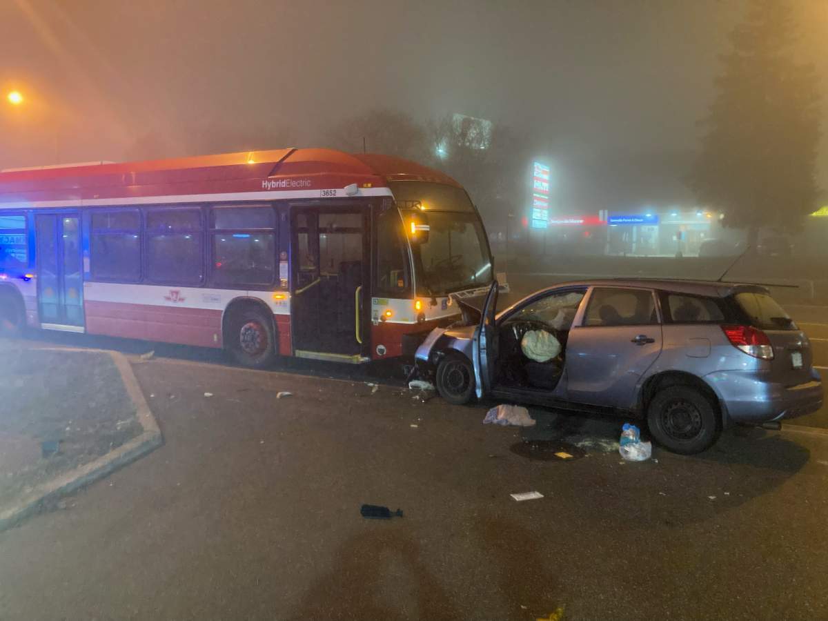 A Toyota and TTC bus crash on Christmas Eve in Toronto.