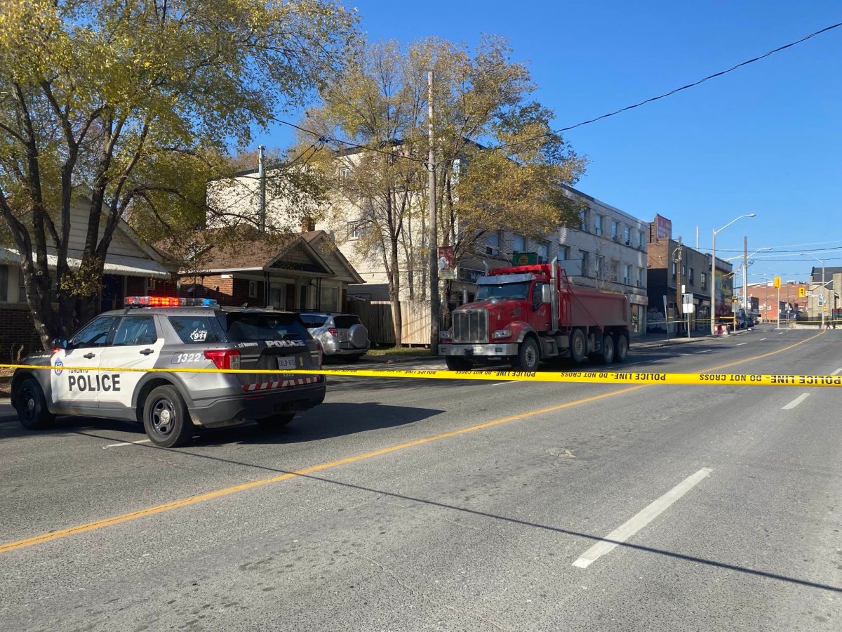 Police tape surrounding the scene near Eglinton Avenue and Dufferin Street on Nov. 13, 2023.