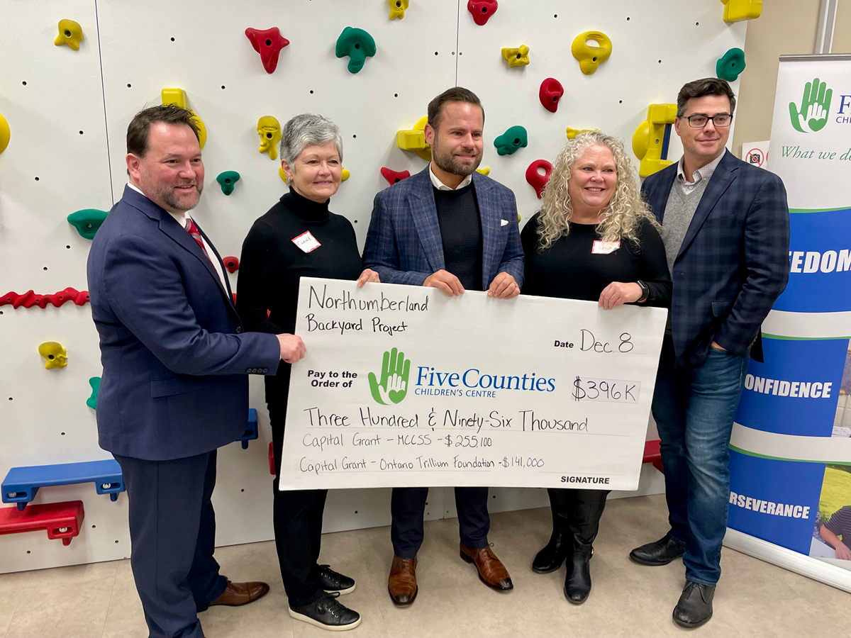 From left, Five Counties Children’s Centre CEO Scott Pepin is joined by Ontario Trillium Foundation (OTF) representative Elaine Sheppard, MPP David Piccini, Northumberland County Early Years Service Manager Lesley Patterson and Cobourg Mayor Lucas Cleveland in marking a major funding announcement for the Northumberland Backyard Project.
