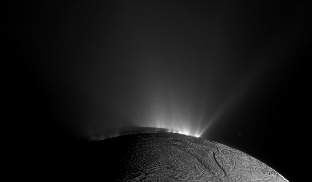 This image from NASA’s Cassini spacecraft, one of those acquired in the survey conducted by the Cassini imaging science team of the geyser basin at the south pole of Enceladus, was taken as Cassini was looking across the moon’s south pole.