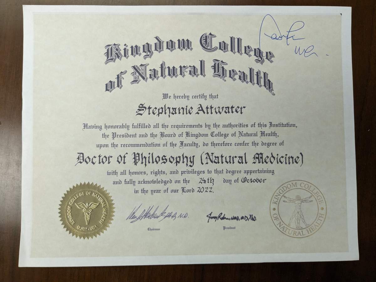Another piece of paper included in Attwater’s collection is shown, this time being her Doctor of Philosophy in Natural Medicine.