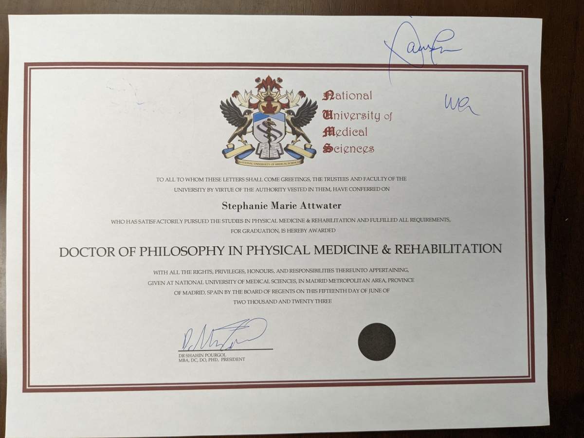 Attwater’s Doctor of Philosophy in Physical Medicine and Rehabilitation certification.