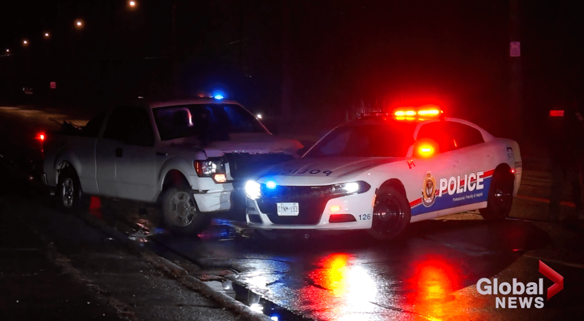 Peterborough police say a pickup truck rammed two police cruisers on Dec. 3, 2023.