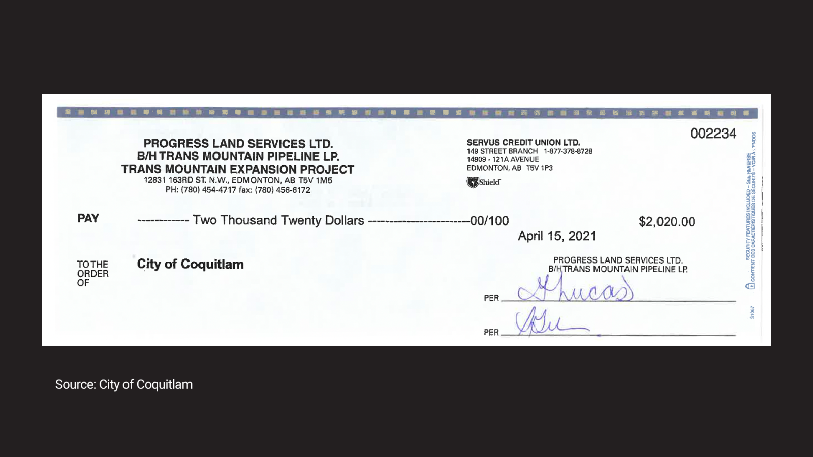 The City was also paid several smaller cheques valued each at around $2K, totalling $8,050.