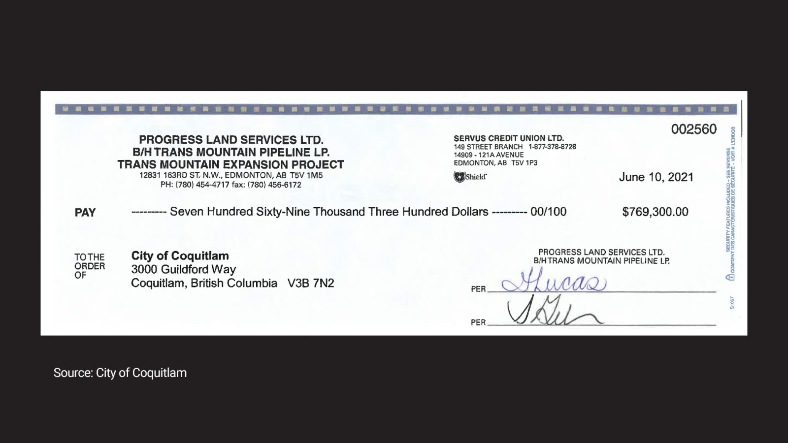 Freedom of Information documents show that Trans Mountain paid the City of Coquitlam $769,300.000 for access to three tracts of land in the city in 2021.