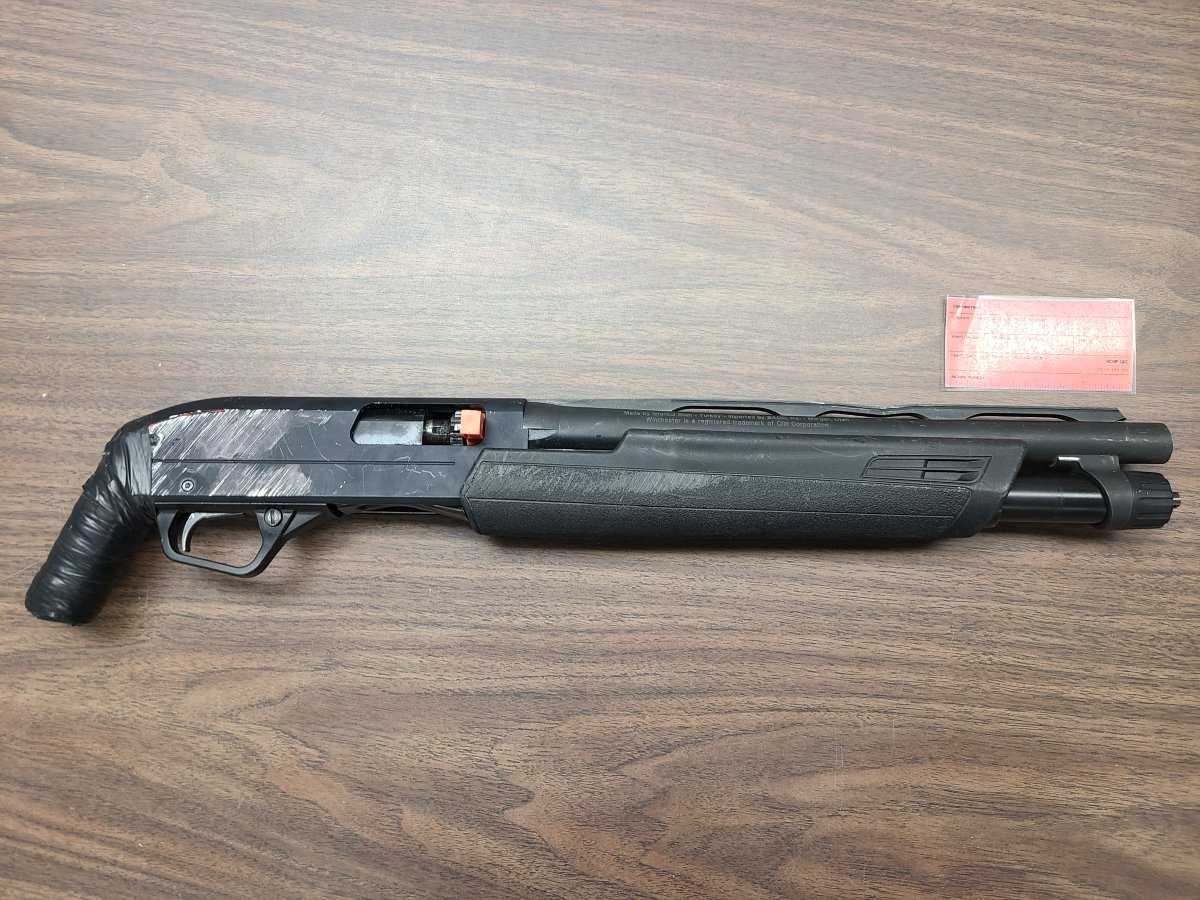 A sawed-off shotgun was one of the stolen properties found in the possession of two individuals arrested in the RM of Tache by Steinbach RCMP on Dec. 23, 2023.