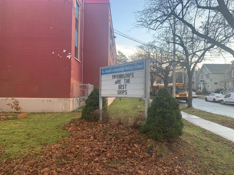 Many students arrive by bus to École Beaufort, the temporary school for SJAM students, as the new north-end school remains under construction.