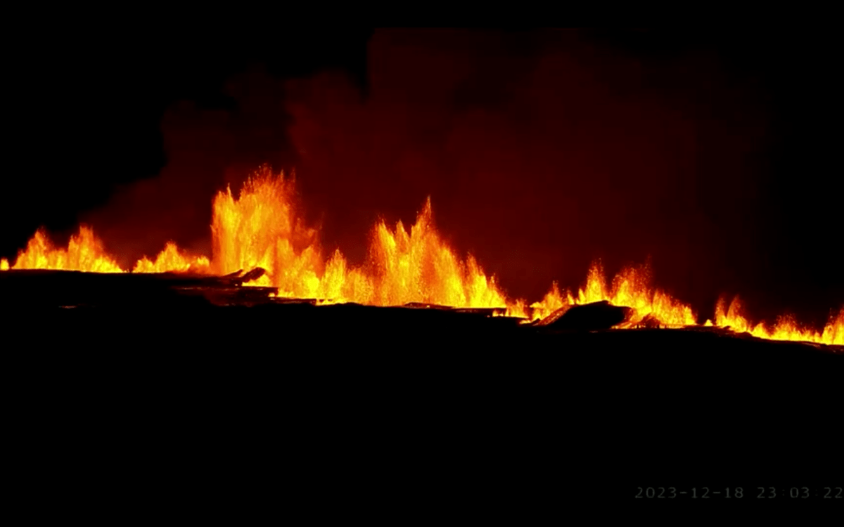 The eruption of a volcano on the Reykjanes peninsula of south-west Iceland is viewed in this still image from a livestream video.