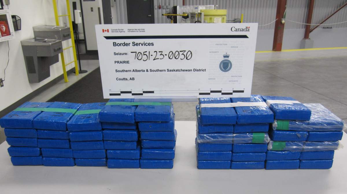 Some of the 52 kilograms of cocaine seized at the Coutts border crossing by CBSA agents on Nov. 19, 2023.