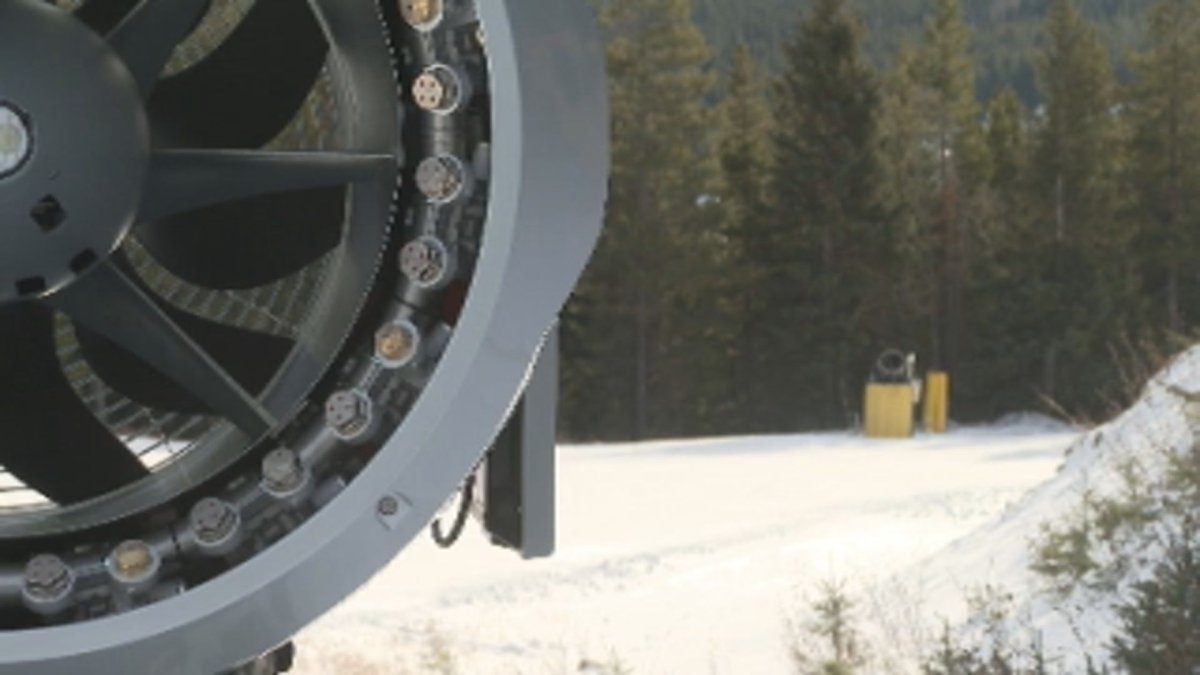 Snow cannons await use when temperatures finally drop to seasonal in Alberta.