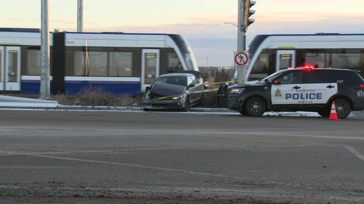 A Valley Line LRT train was damaged after a stolen car crashed into in on 66 Street near the Whitemud Drive overpass on Monday, Dec. 4, 2023.