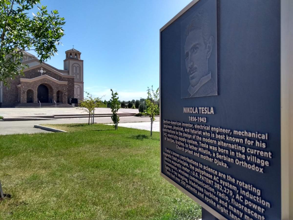 Undated photo of a Nikola Tesla plaque in the SPARK park outside of St. Simeon Serbian Orthodox Church. The plaque and several others were stolen on Dec. 3.