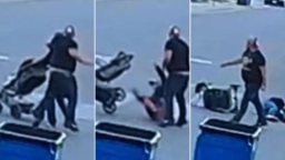 In the video, the assailant can be seen walking toward the grandfather, who's pushing a stroller. The victim is then delivered a hard punch to the fact, which causes the man to fall to the ground, tipping over the stroller as he goes down.