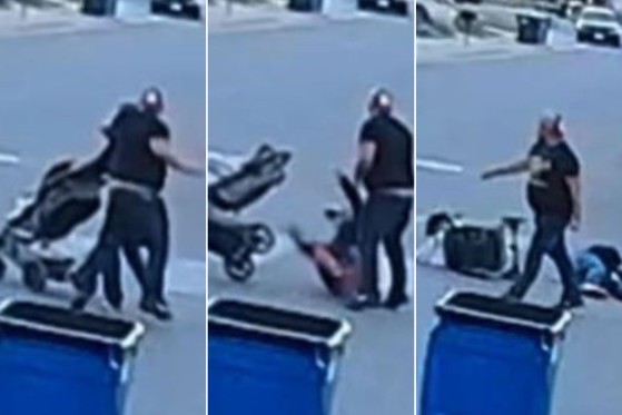 In the video, the assailant can be seen walking toward the grandfather, who's pushing a stroller. The victim is then delivered a hard punch to the fact, which causes the man to fall to the ground, tipping over the stroller as he goes down.