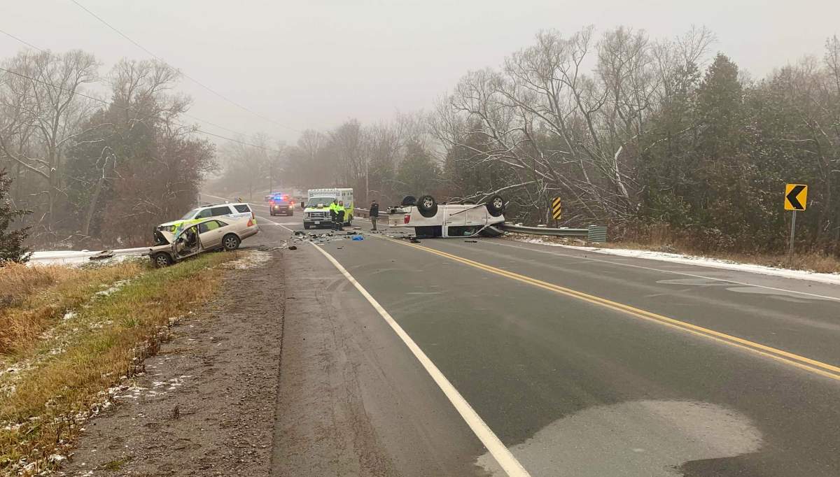Northumberland OPP say two people and a pet in a car died following a collision with a pickup truck in Warkworth, Ont., on Dec. 8, 2023.