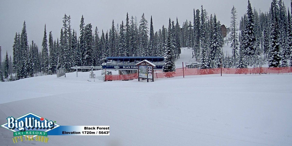 The Big White webcam shows a fresh blanket of snow at an elevation of 1720 m. 