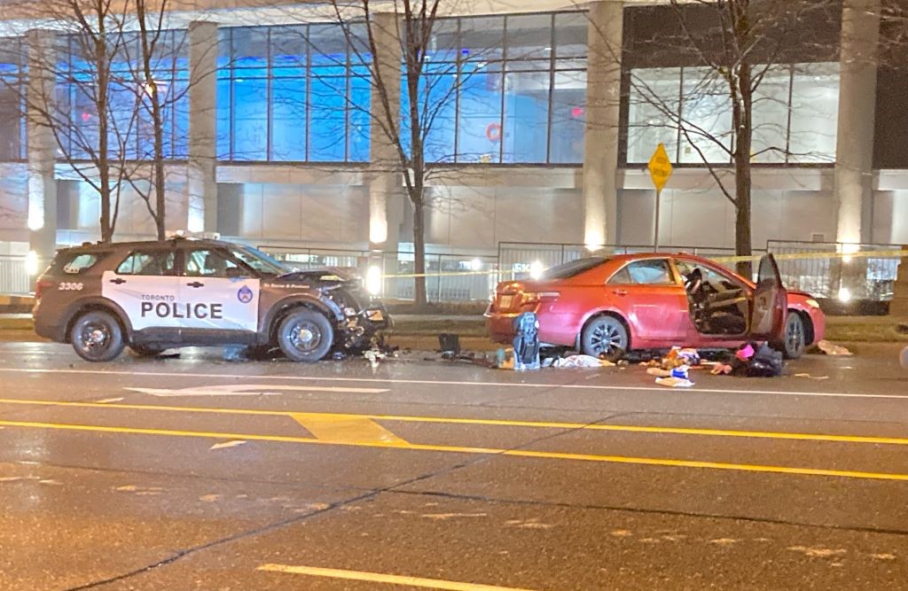 Four people were taken to hospital after a Toronto police cruiser collided with another vehicle in North York Saturday evening.