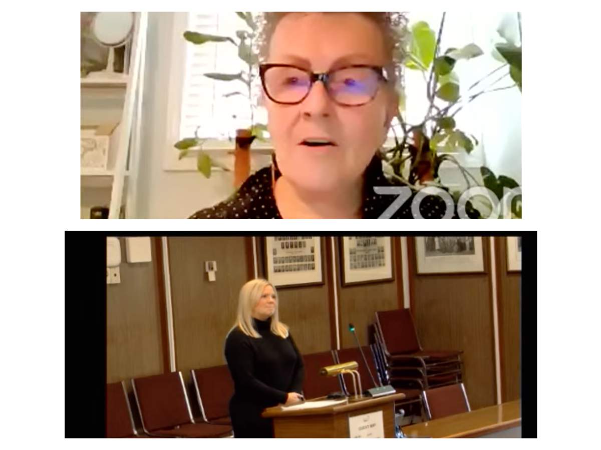 Kim Dolan, top, with the YWCA Peterborough Haliburton, speaks via Zoom while Brittany McMillan with the Kawartha Sexual Assault Centre speaks at Peterborough County council on Dec. 13, 2023.