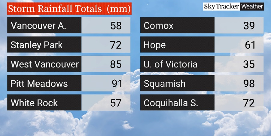 A look at the rainfall totals Monday around parts of B.C.