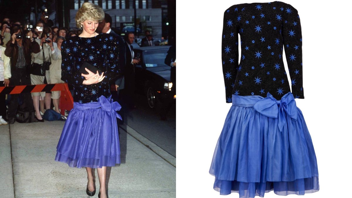A split photo. On the left, Princess Diana wears her Jacques Azagury gown. On the right, is just the gown.