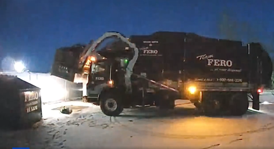 N.B. man sleeping in dumpster inadvertently thrown into garbage truck, video shows