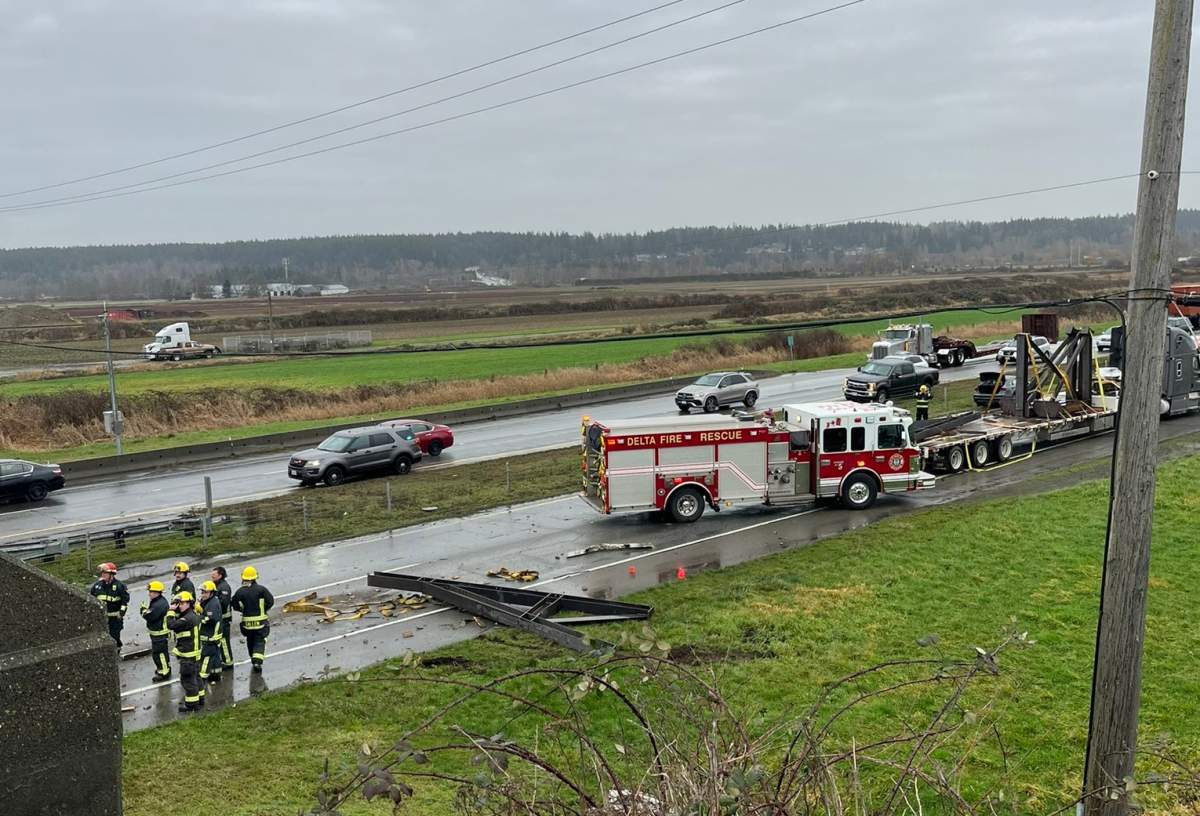 Emergency crews respond to a collision between a truck and an overpass in Delta on Dec. 28.