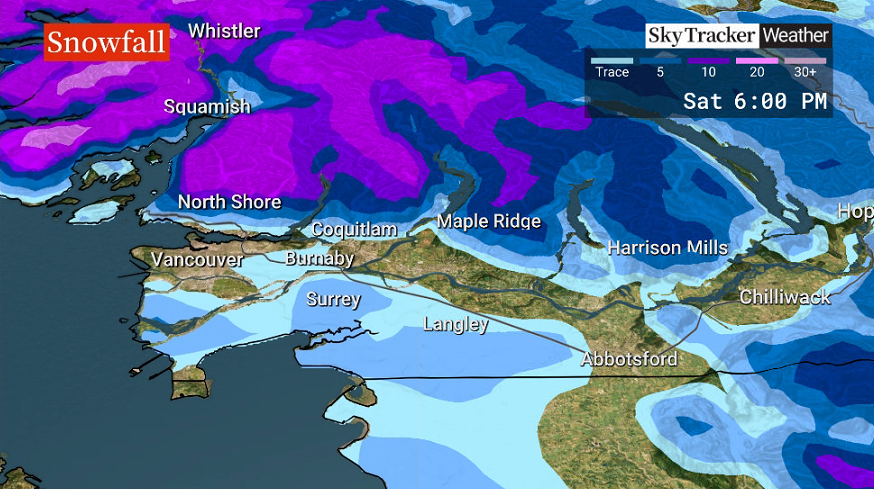 Global BC’s Sky Tracker for Saturday’s snow in the Lower Mainland.
