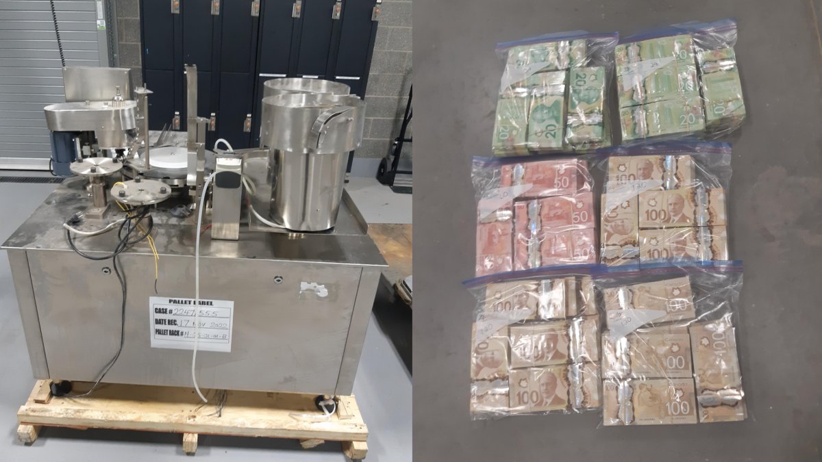 A machine used for the production of illegal steroids and seized cash in connection with a Calgary Police Service investigation that resulted in four arrests.