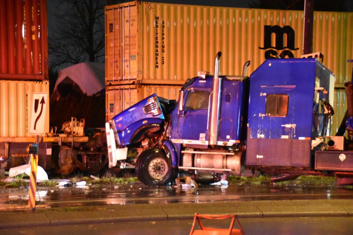 A truck and a train collided in Langley around 3 a.m. on Saturday,.